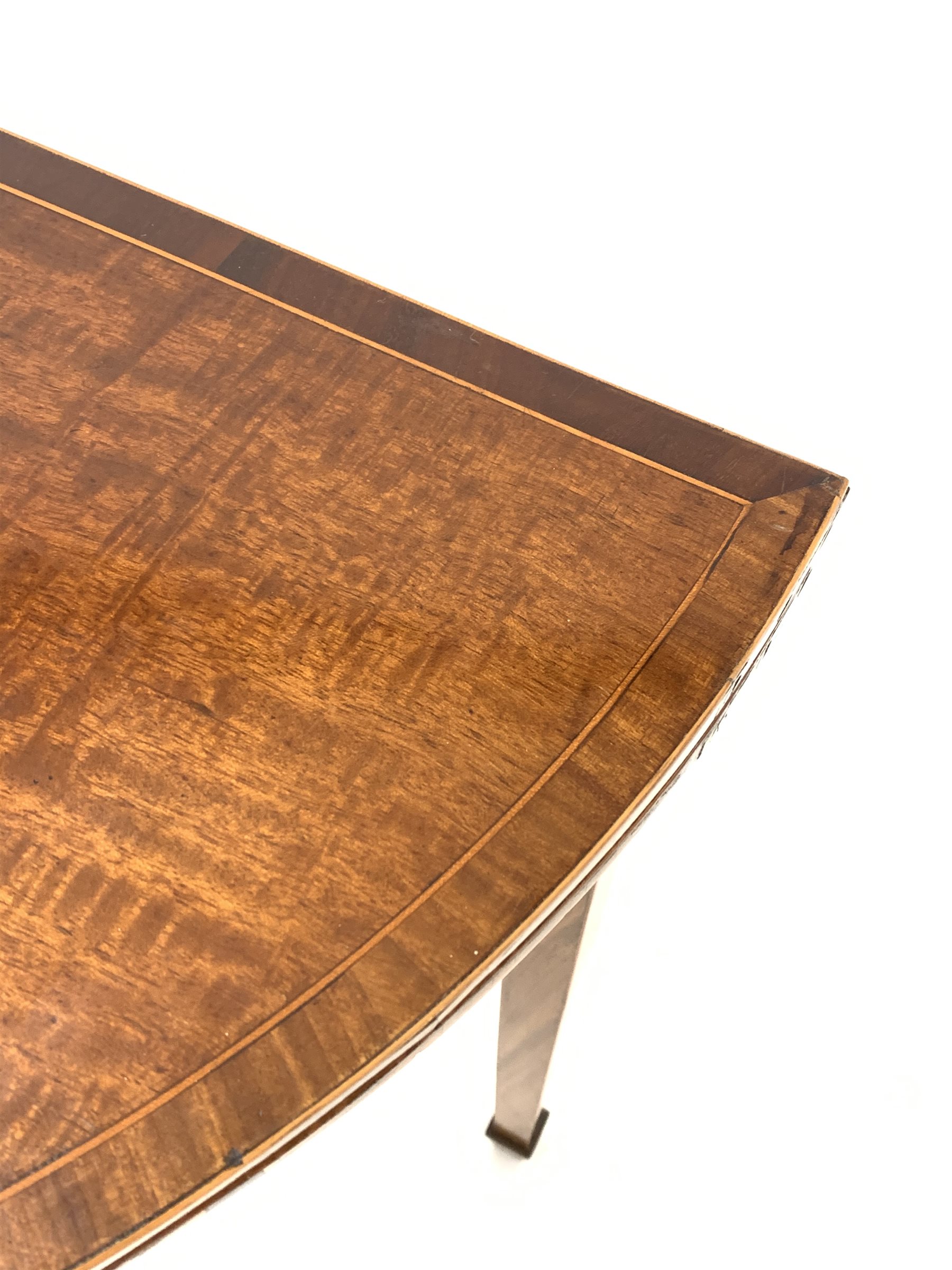 Georgian mahogany demi-lune fold over card table, the crossbanded top lifting to reveal baize lined - Image 3 of 4