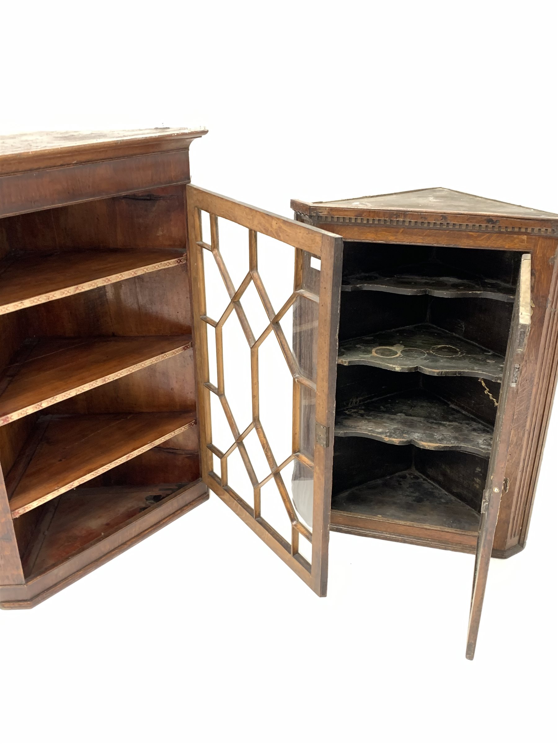 George III oak and mahogany corner cupboard, with astragal glazed door enclosing three shelves, (W78 - Image 2 of 2