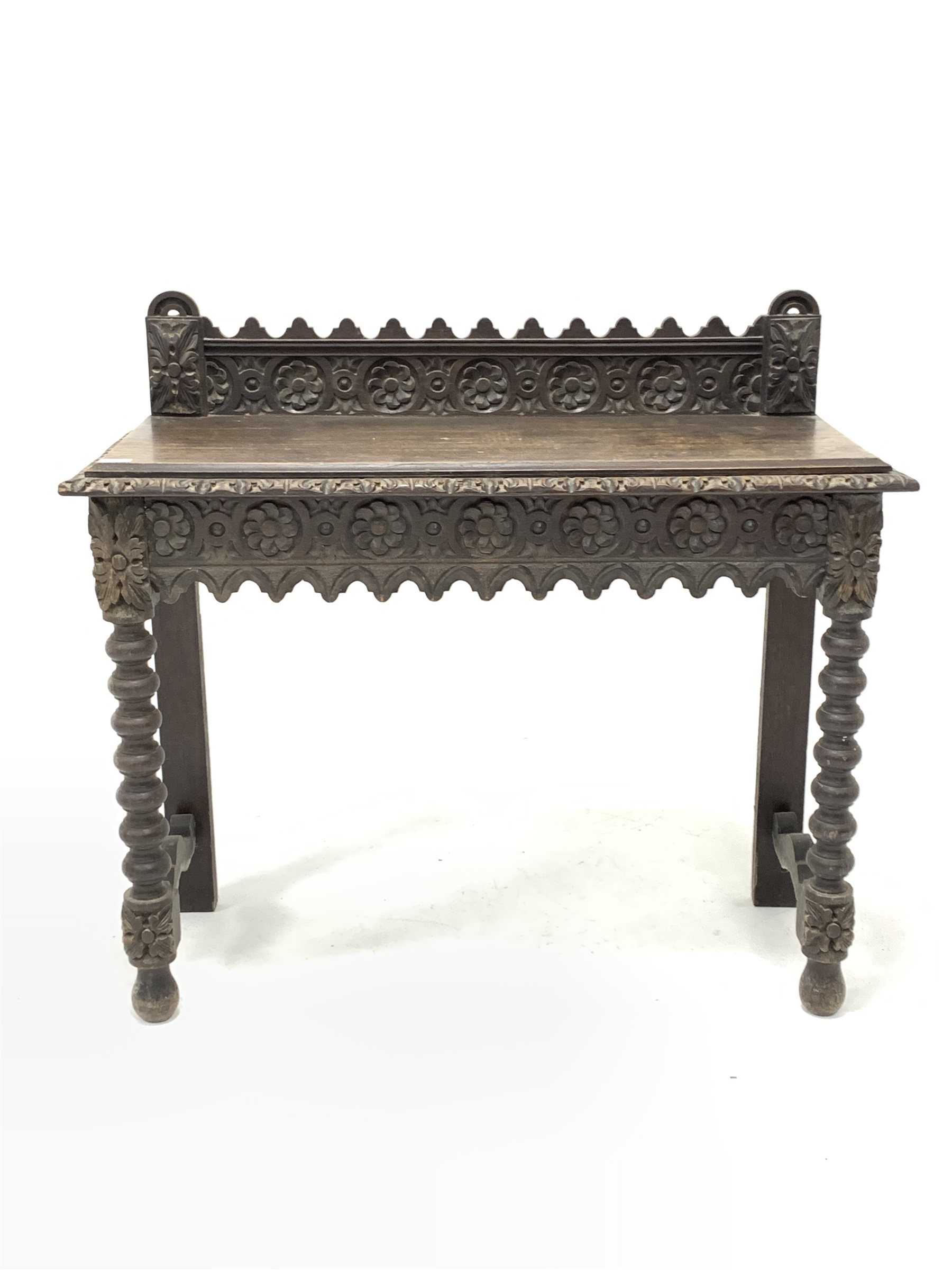 Victorian oak hall table, with raised back and frieze profusely carved with floral roundels, raised - Image 2 of 4