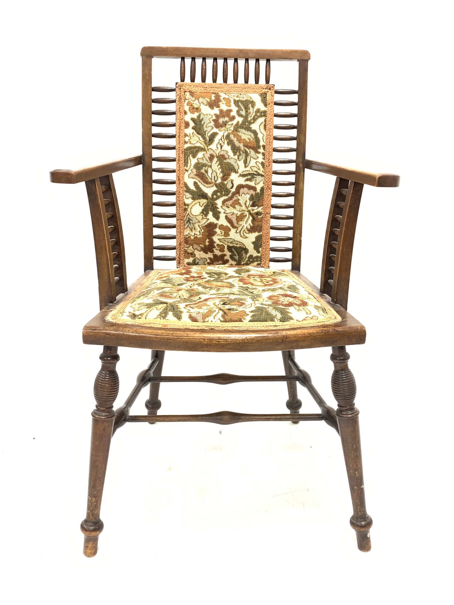 Early 20th century beech framed armchair, upholstered seat and back, raised on turned supports unite - Image 2 of 3