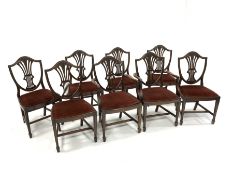 Set eight (6+2) mahogany Hepplewhite style shield back dining chairs, pierced and fluted splats carv