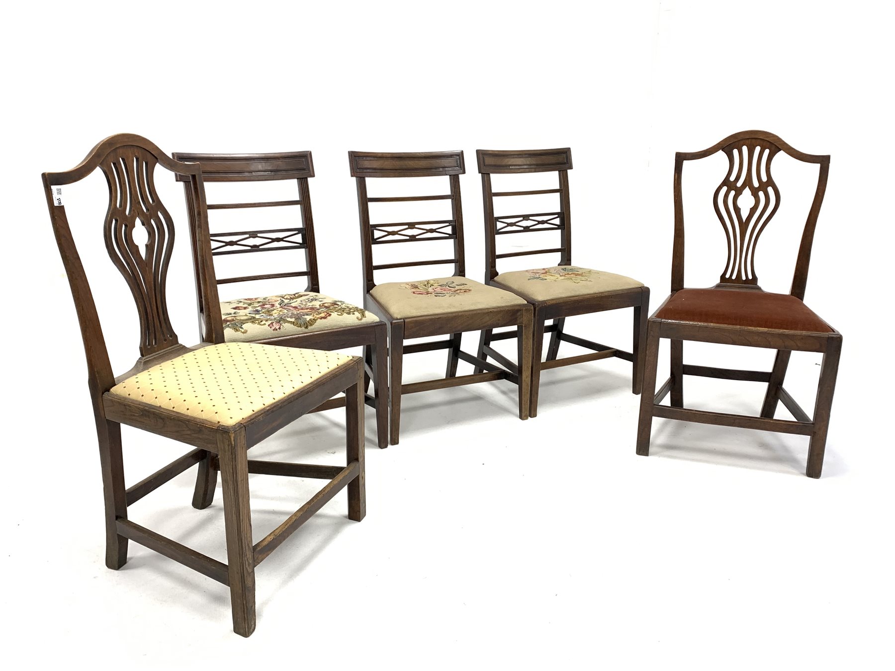 Set of three George III mahogany dining chairs, geometric carved crest rail over reeded rails and up - Image 2 of 2