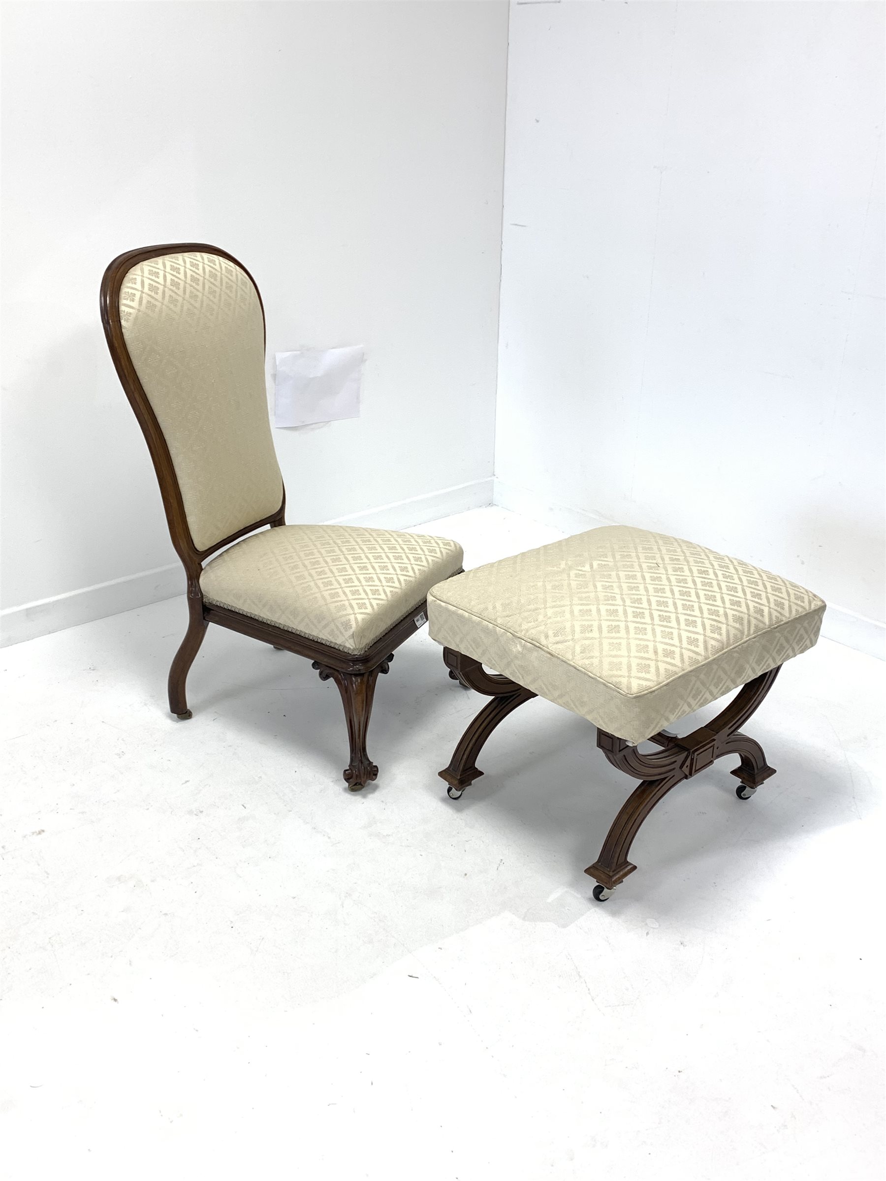 Late Victorian rosewood bedroom chair, upholstered in cream floral silk, raised on floral and scroll - Image 2 of 2