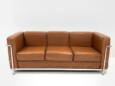 After Le Corbusier - Mid 20th century three seat sofa with chrome frame and brown leather upholstere