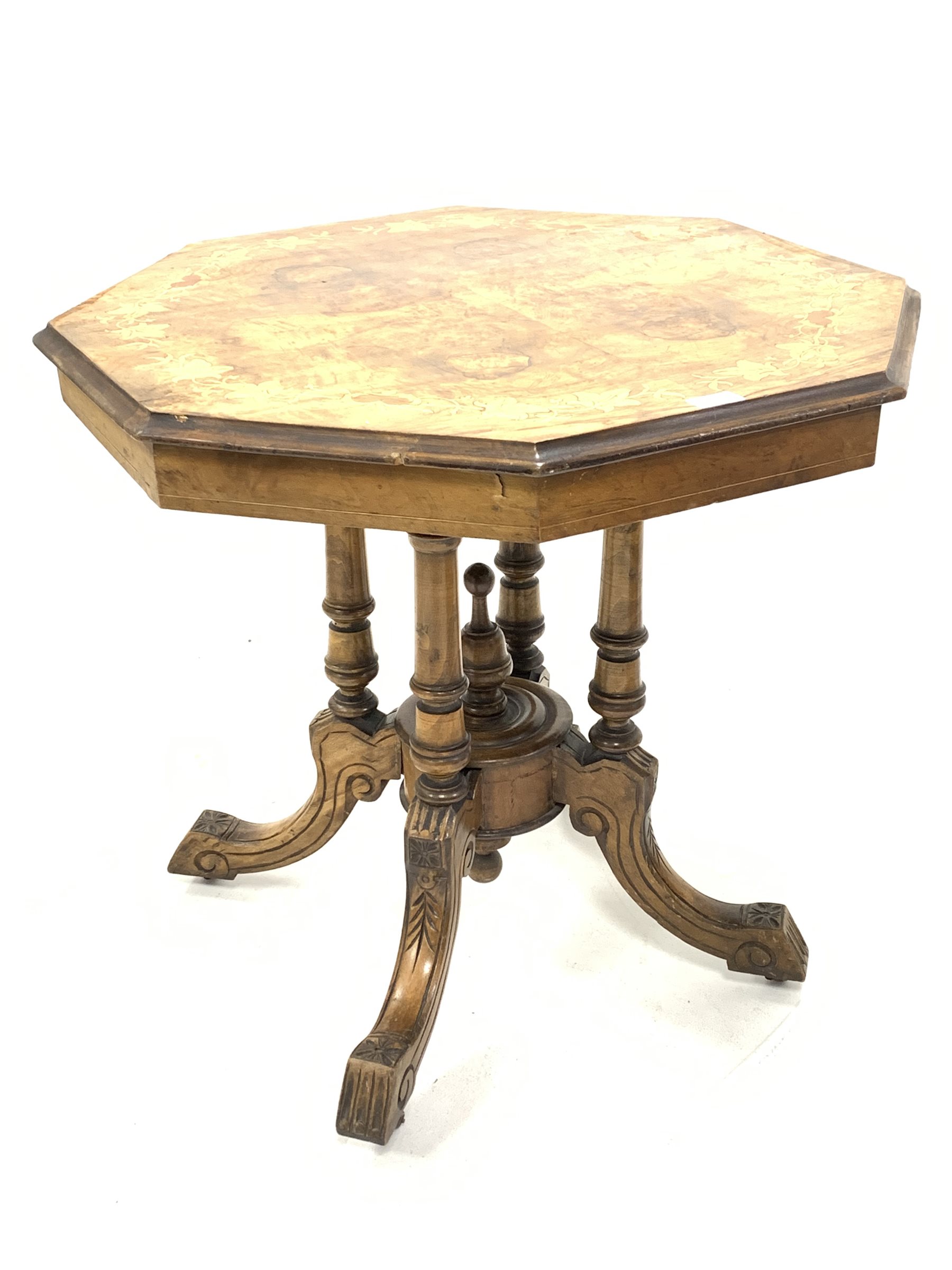 Victorian walnut occasional table, octagonal top with boxwood marquetry inlay, raised on turned clus