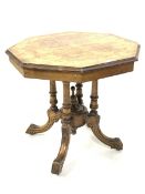Victorian walnut occasional table, octagonal top with boxwood marquetry inlay, raised on turned clus