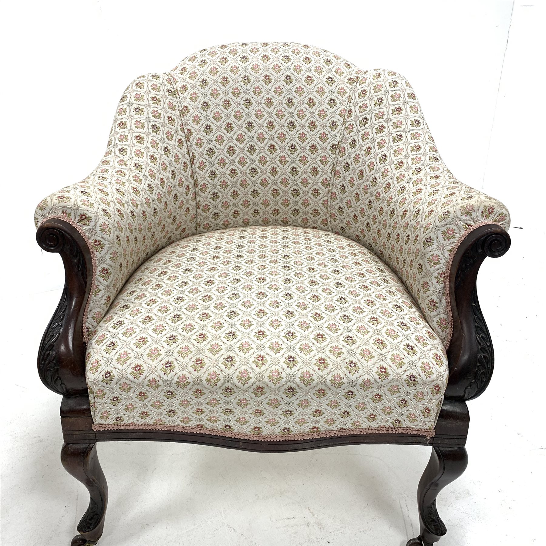 Pair of late Victorian walnut upholstered armchairs, with scrolled arm terminals, raised on floral c - Image 3 of 4