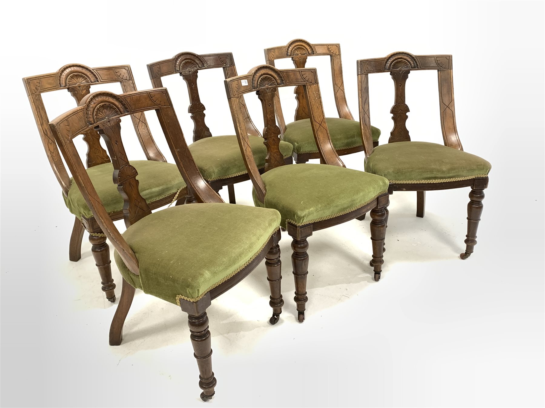 Set six Late Victorian oak dining chairs, lunette carved crest rail over upholstered seats, raised o - Image 2 of 4