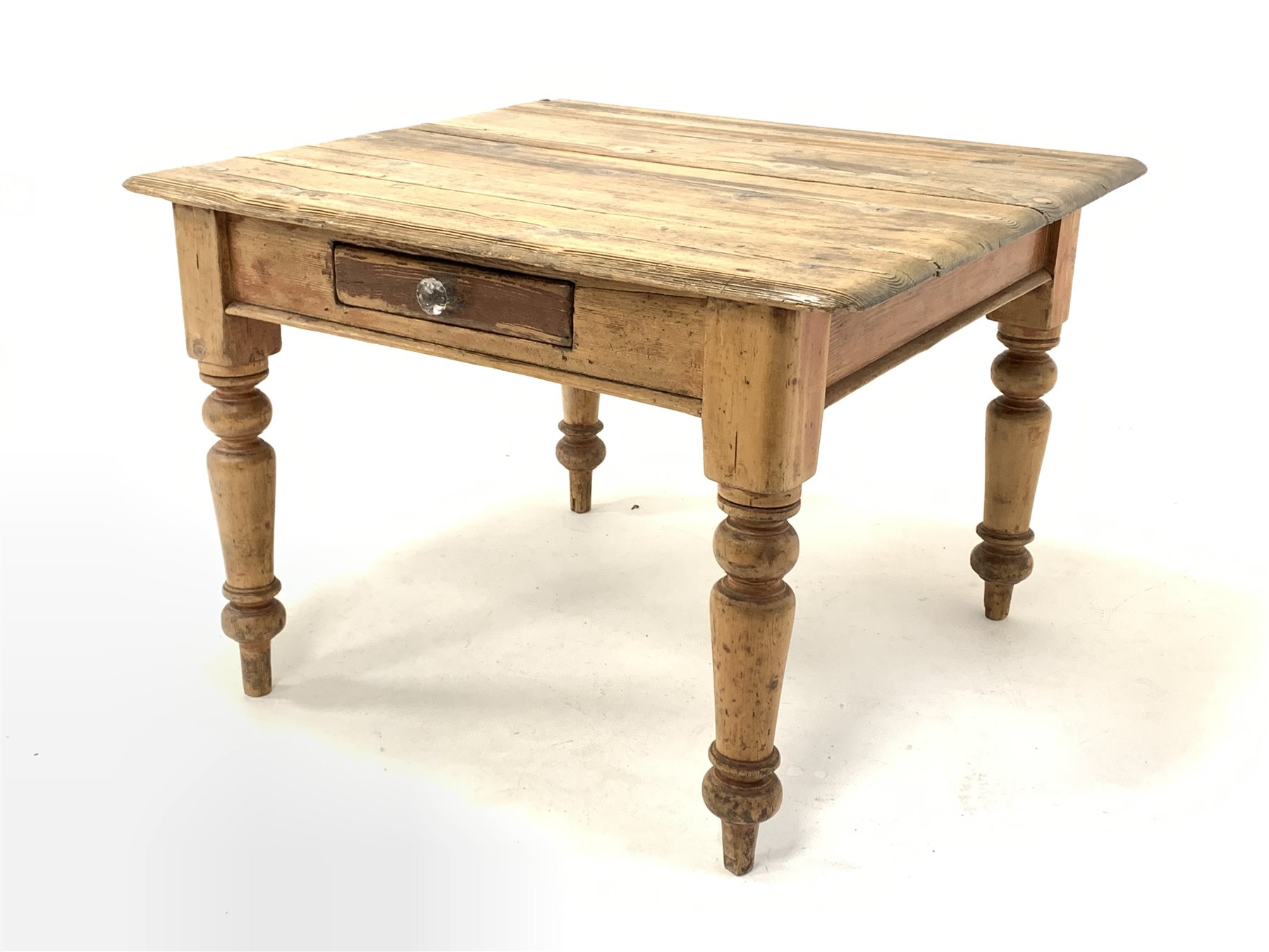 Victorian pine kitchen dining table, fitted with one drawer, raised on turned supports