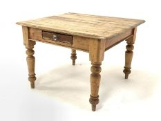 Victorian pine kitchen dining table, fitted with one drawer, raised on turned supports