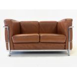 After Le Corbusier - Mid 20th century two seat sofa with chrome frame and brown leather upholstered
