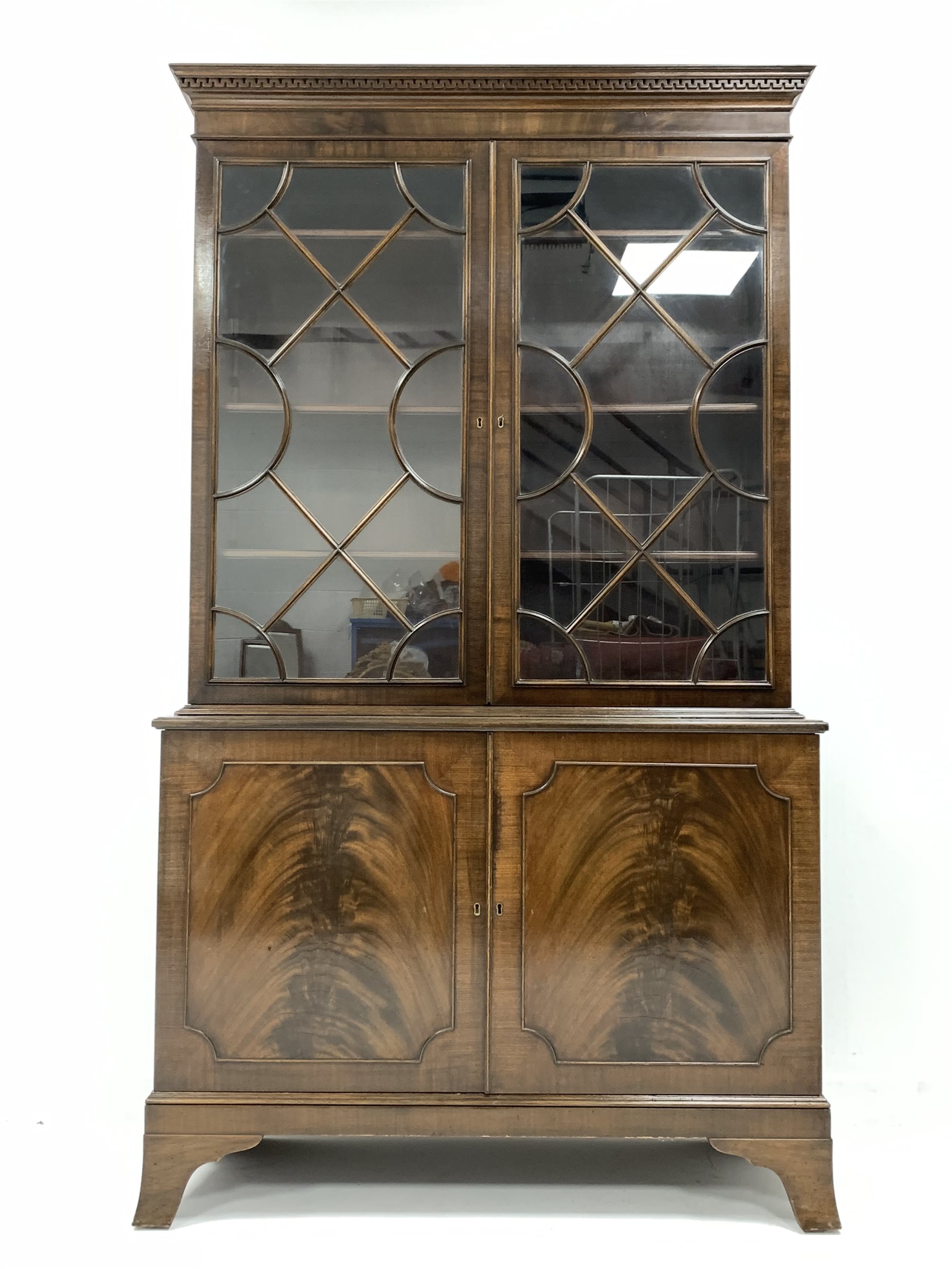 20th century Georgian design mahogany bookcase on cupboard, dentil cornice over double astragal glaz - Image 2 of 5