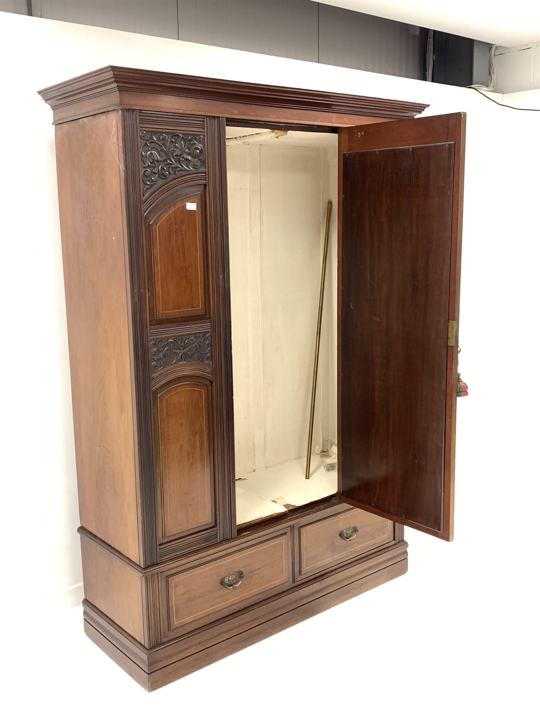 Late Victorian mahogany wardrobe, projecting cornice over panelled and carved front, centre bevelled - Image 6 of 7