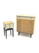 Mid 20th century oak veneered chest fitted with four drawers,, raised on ebonised square tapered sup