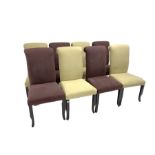 Set eight contemporary upholstered dining chairs, upholstered in cream and purple fabric, raised on