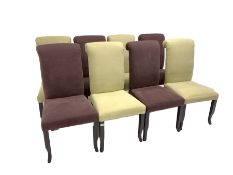 Set eight contemporary upholstered dining chairs, upholstered in cream and purple fabric, raised on