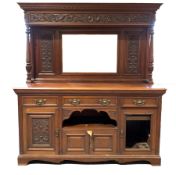 Large late Victorian mahogany mirror back sideboard, dentil cornice over floral carved frieze, bevel