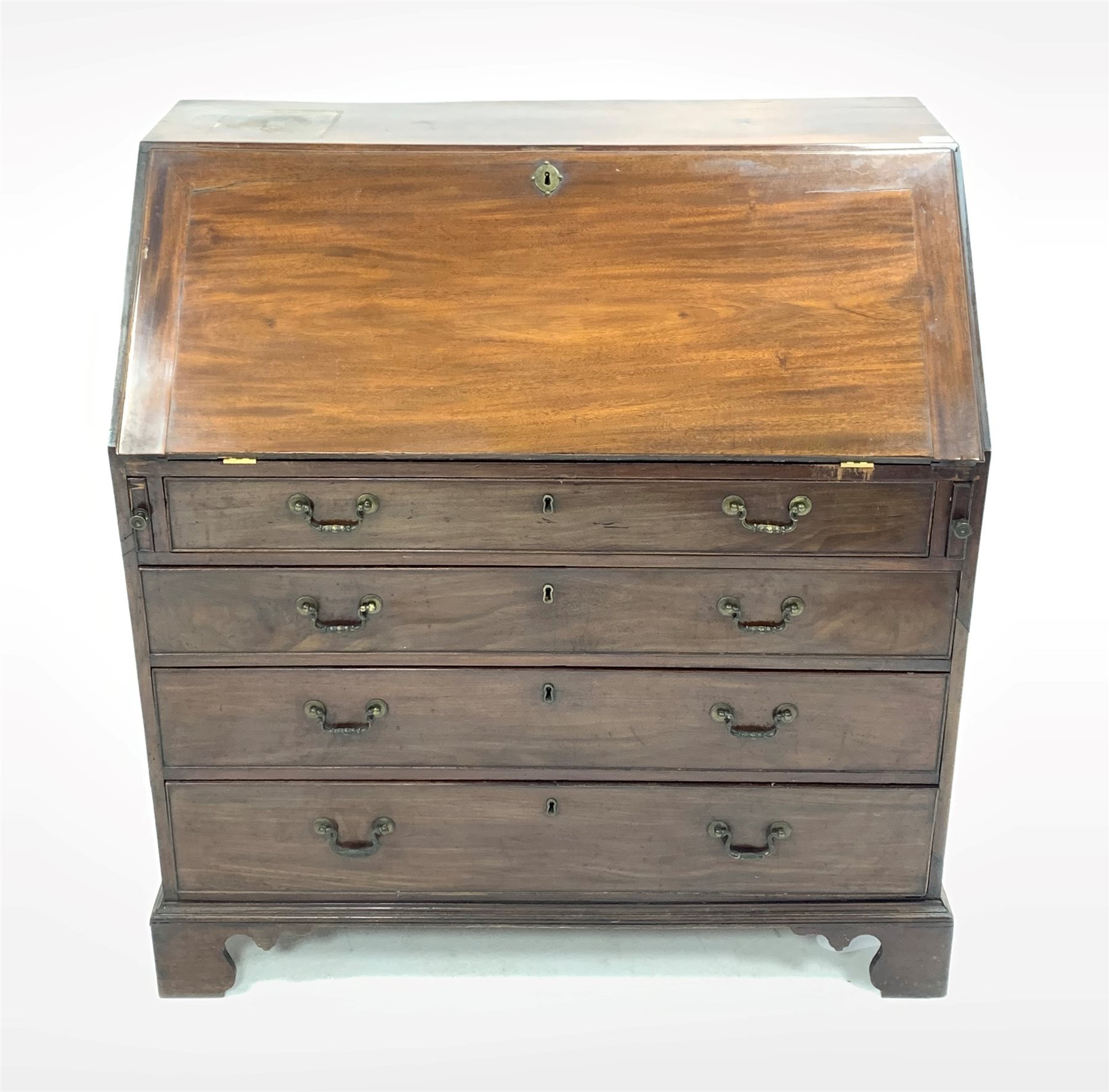 Early 19th century mahogany bureau, fall front opening to reveal fitted interior and baize lined wri