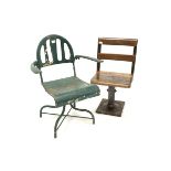 Mid 20th century industrial machinists armchair, the stamped metal top raised on a rise and fall swi