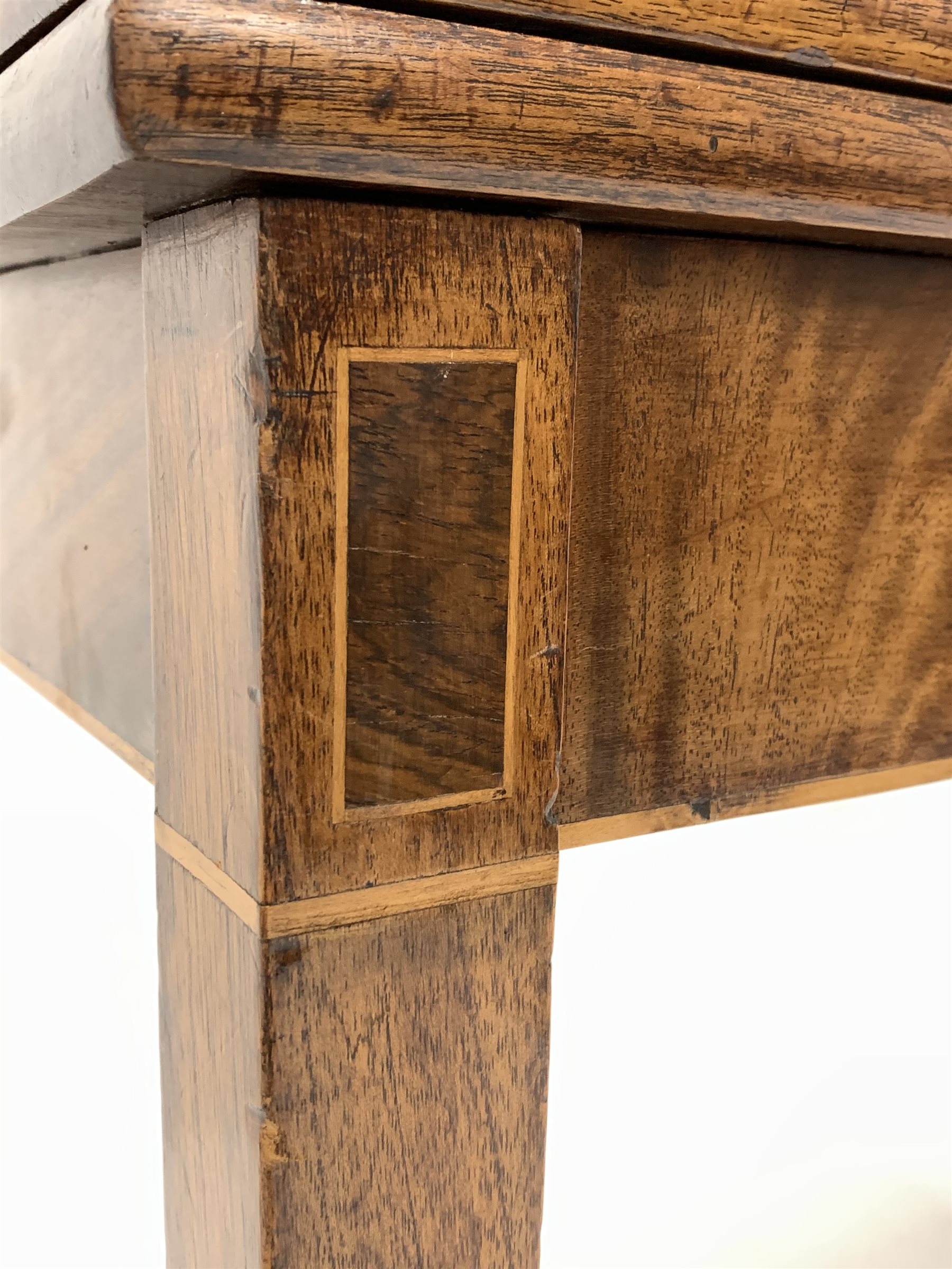 George III mahogany fold over tea table, with boxwood string inlay, raised on square tapered support - Image 4 of 4