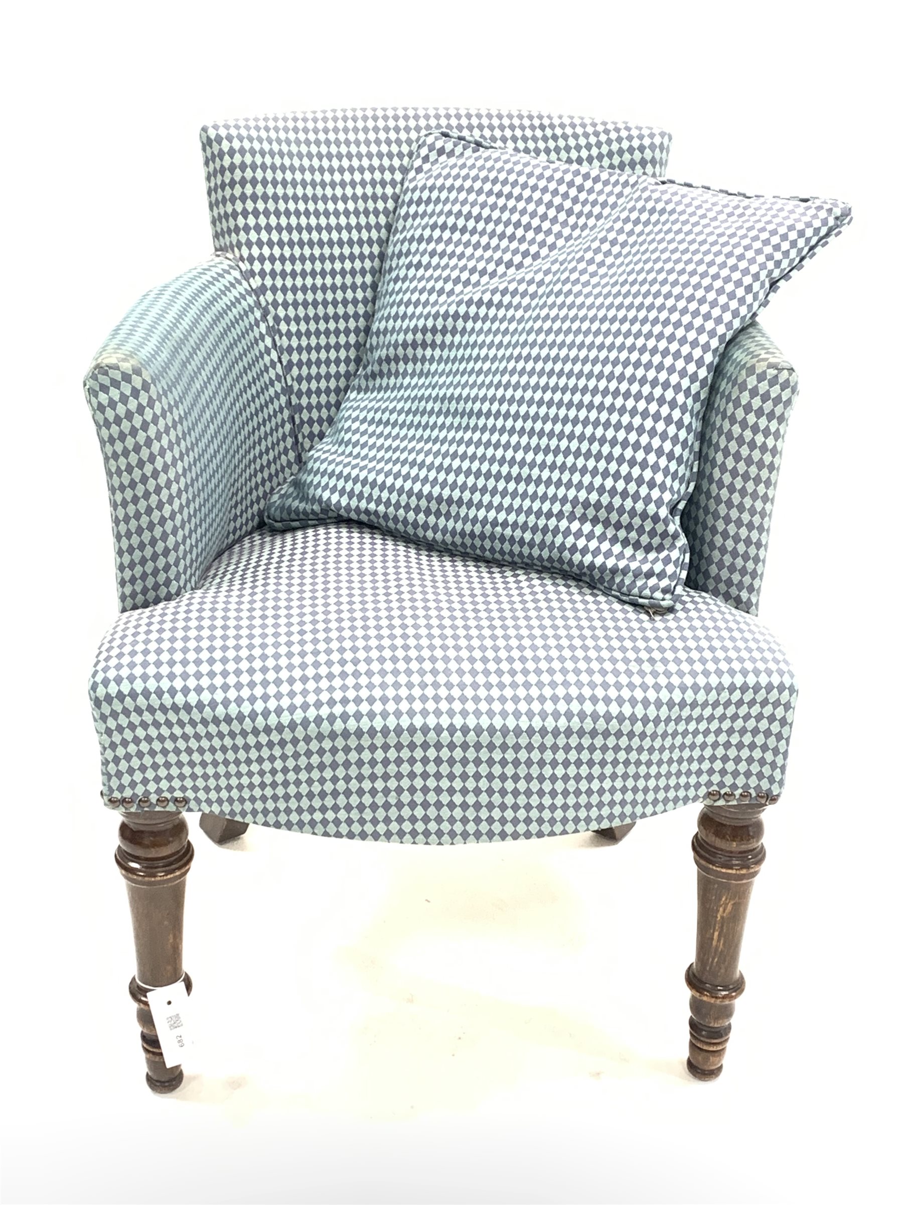 Early 20th century tub shaped armchair, upholstered in blue fabric with lozenge pattern, raised on t - Image 3 of 3