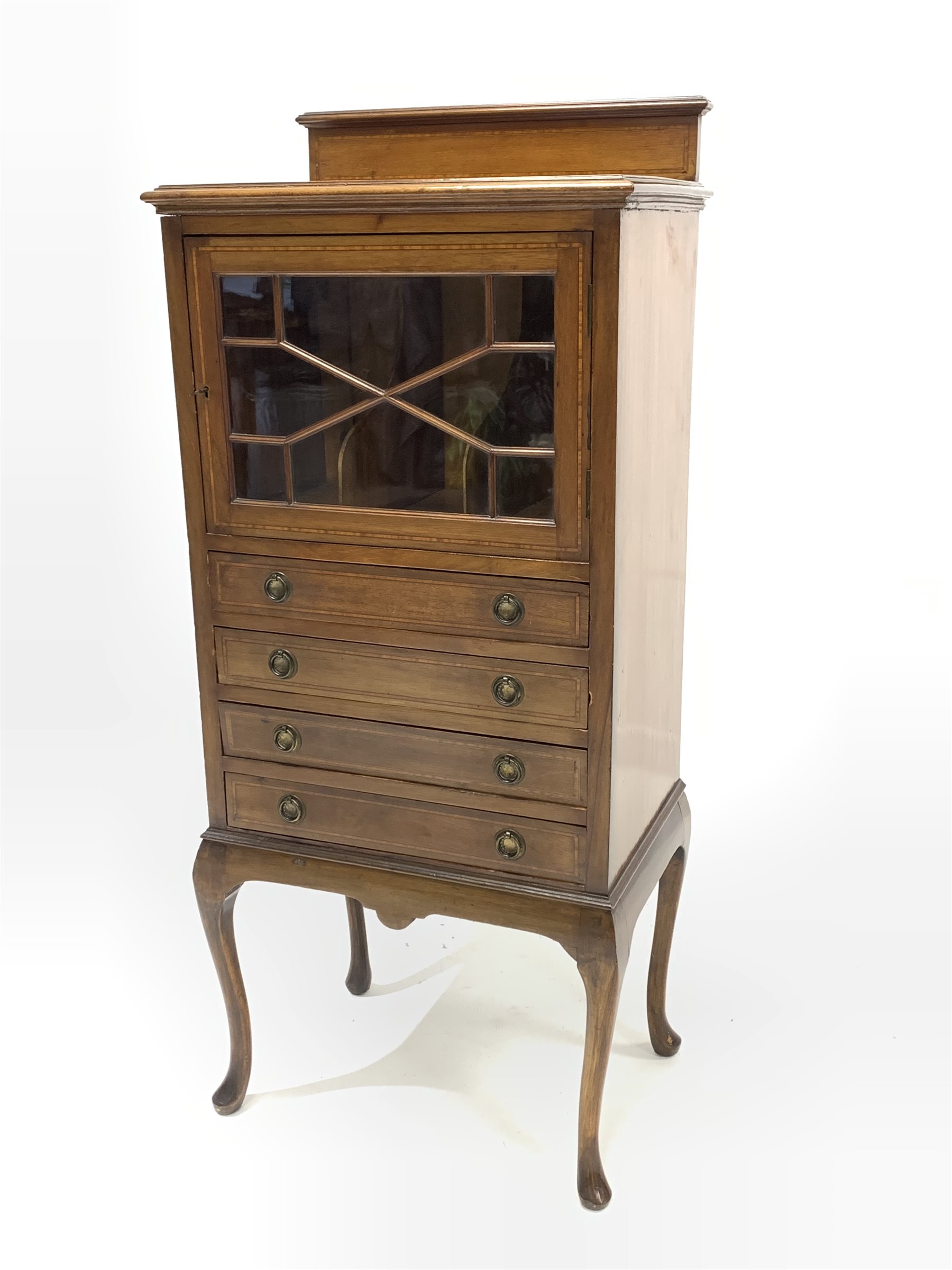 Edwardian mahogany music cabinet with inlaid satinwood banding, raised back over astragal glazed doo