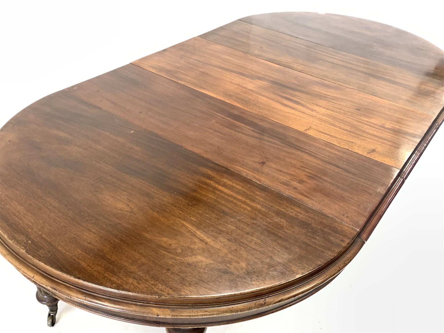 Late Victorian mahogany extending dining table, with 'D' shaped moulded ends and three additional le - Image 2 of 6