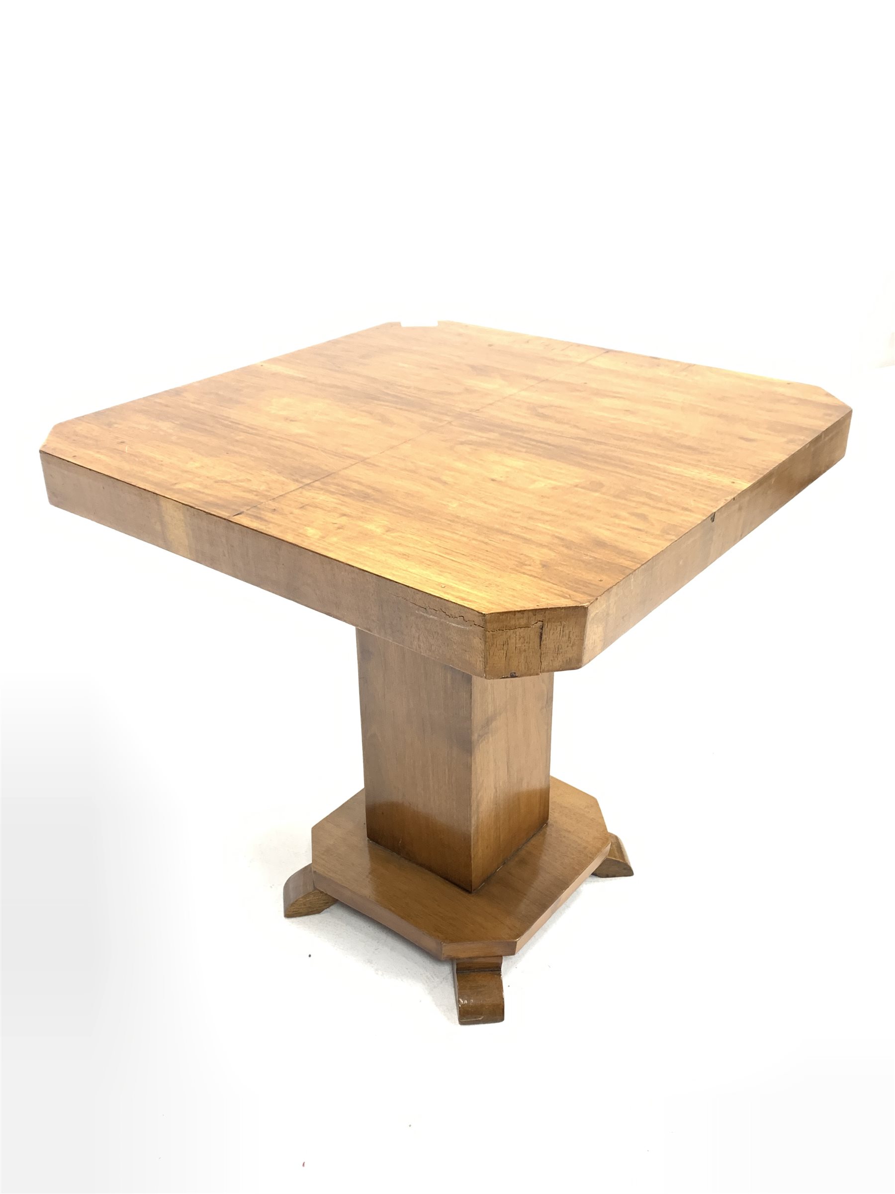 Early 20th century Art Deco walnut lamp table, square top with canted corners raised on square secti - Image 3 of 3