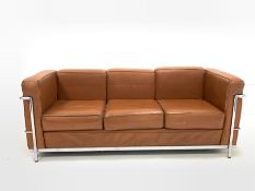 After Le Corbusier - Mid 20th century three seat sofa with chrome frame and brown leather upholstere