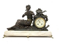 Late Victorian figural spelter mantle clock signed Mourey, white enamel dial with Arabic chapter rin