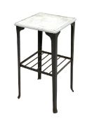 20th century industrial cast and wrought metal lamp table, the square enamel top raised on four supp