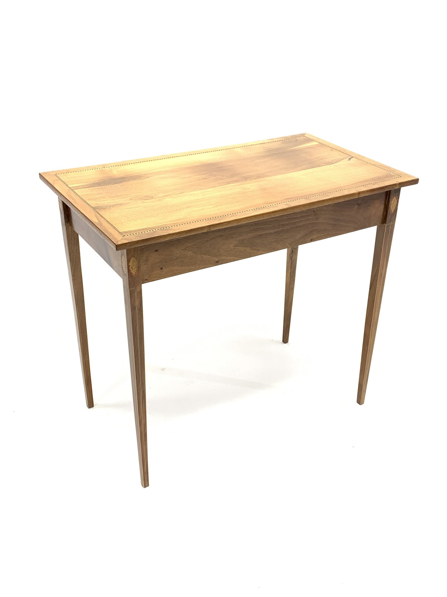 20th century walnut side table, rectangular top inlaid with checkered stringing, square tapering sup