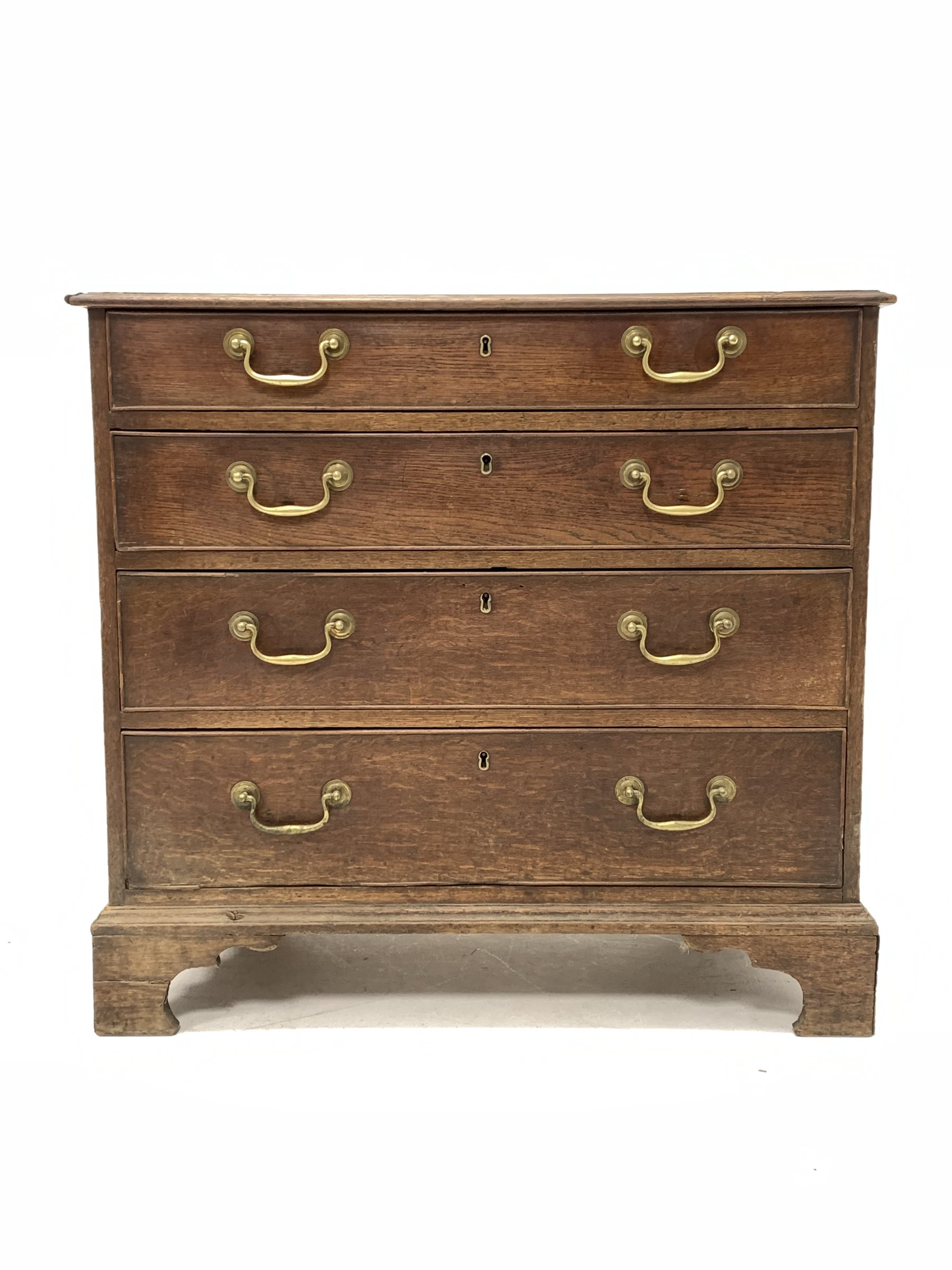 George III oak chest fitted with four long graduated drawers with brass drop handles, raised on brac - Image 2 of 4