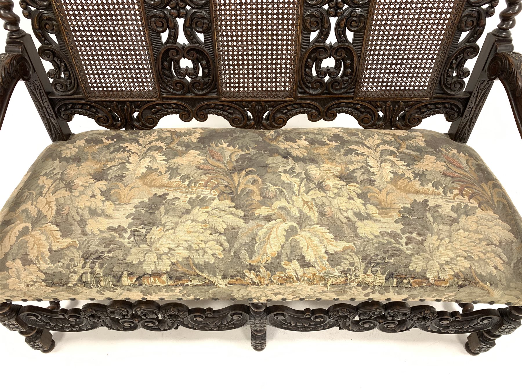 Early 20th century William and Mary style walnut hall seat, with cane panels to back, profusely carv - Image 5 of 8