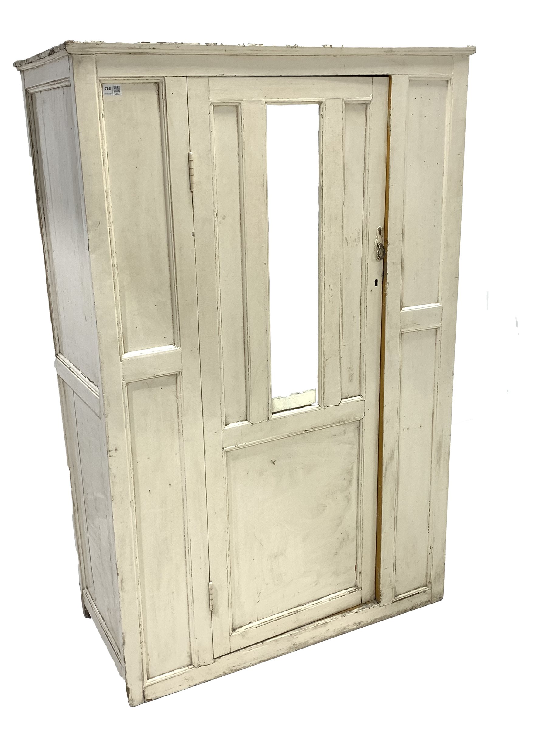 19th century white painted kitchen cupboard, mirrored door enclosing interior fitted with shelves