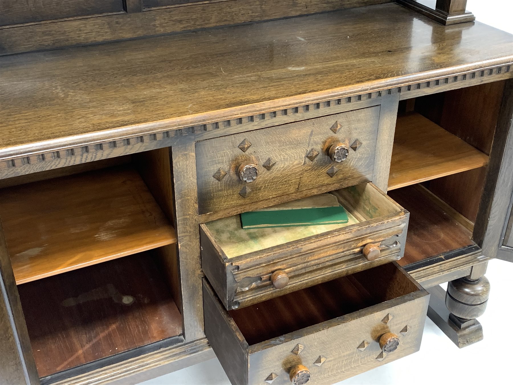 Early 20th century medium oak sideboard, raised back with floral carved frieze, two cupboards under - Image 2 of 2