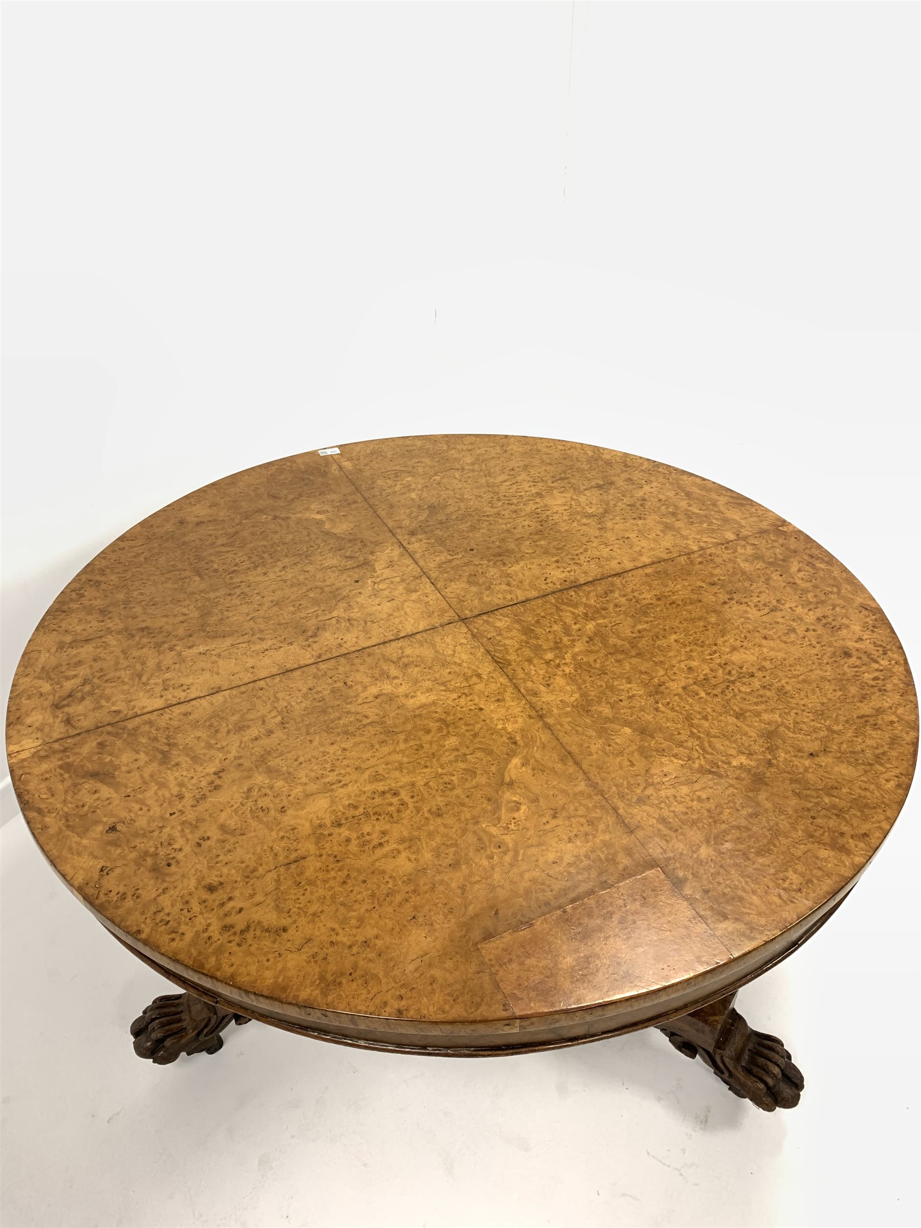 Mid 19th century burr hardwood breakfast table, circular tilt top raised on a panelled baluster pede - Image 2 of 4