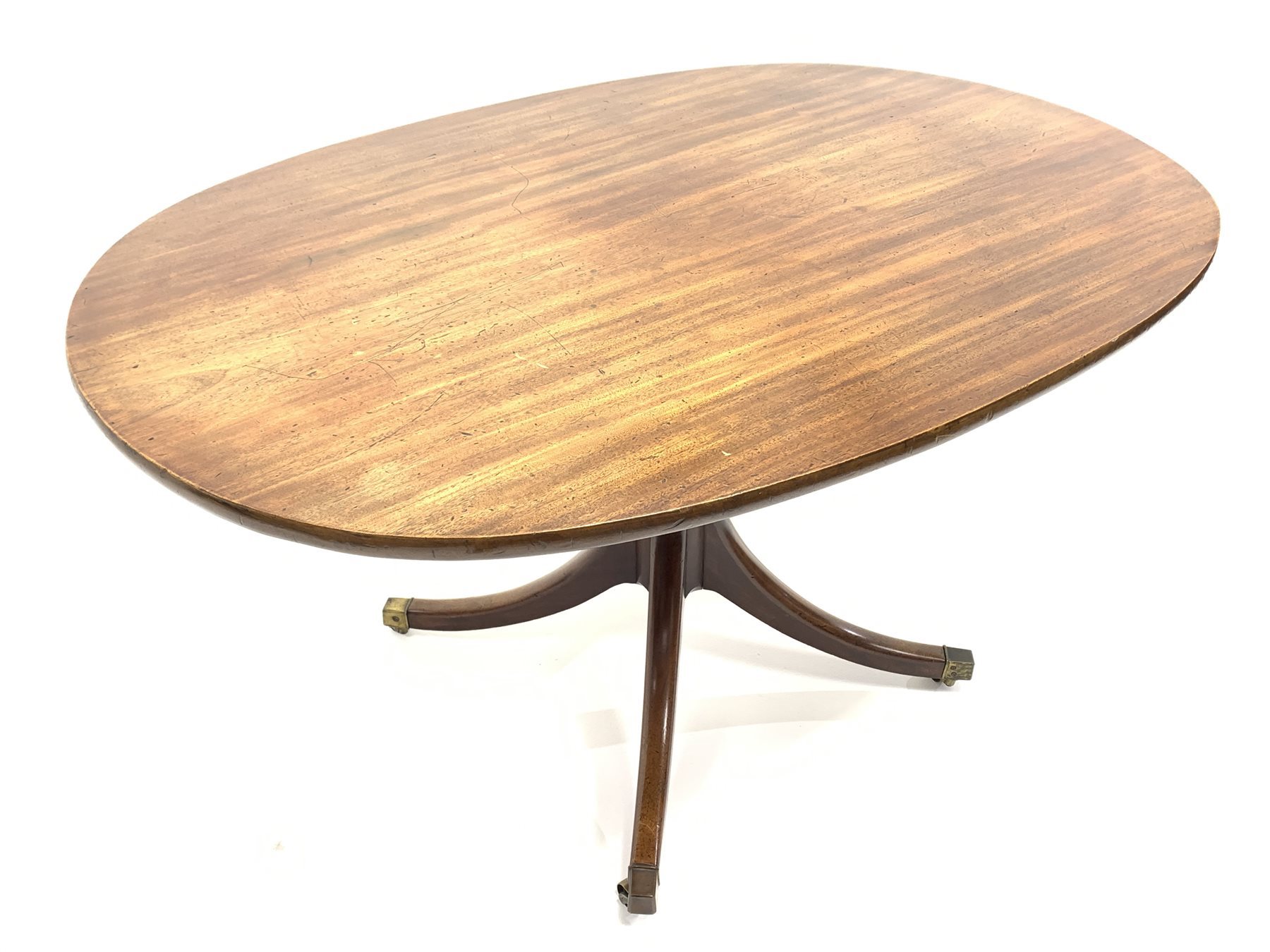 Georgian mahogany breakfast table, oval tilt top on turned pedestal base, four out splayed supports - Image 3 of 3