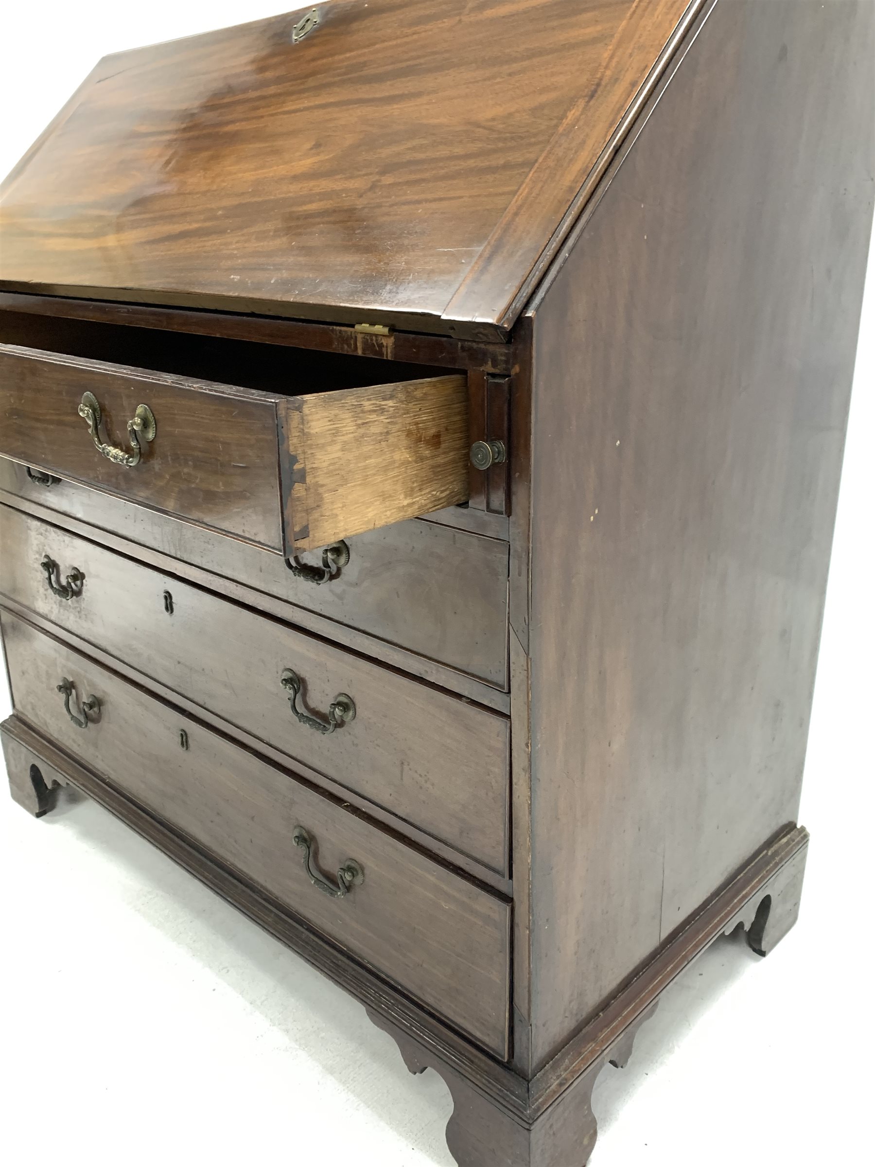 Early 19th century mahogany bureau, fall front opening to reveal fitted interior and baize lined wri - Image 4 of 4