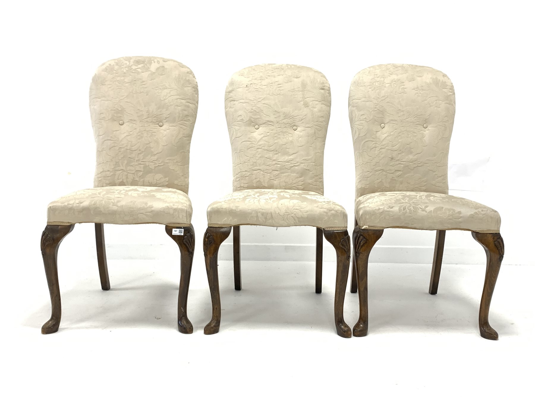 Set of three early 20th century Queen Anne style stained beech chairs, upholstered in white damask f