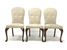 Set of three early 20th century Queen Anne style stained beech chairs, upholstered in white damask f