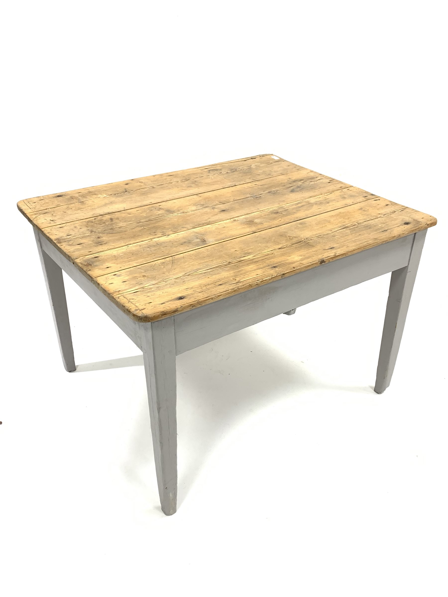 Victorian pine kitchen work table, with scrub top raised on a painted base with square tapered suppo