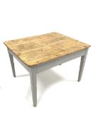 Victorian pine kitchen work table, with scrub top raised on a painted base with square tapered suppo