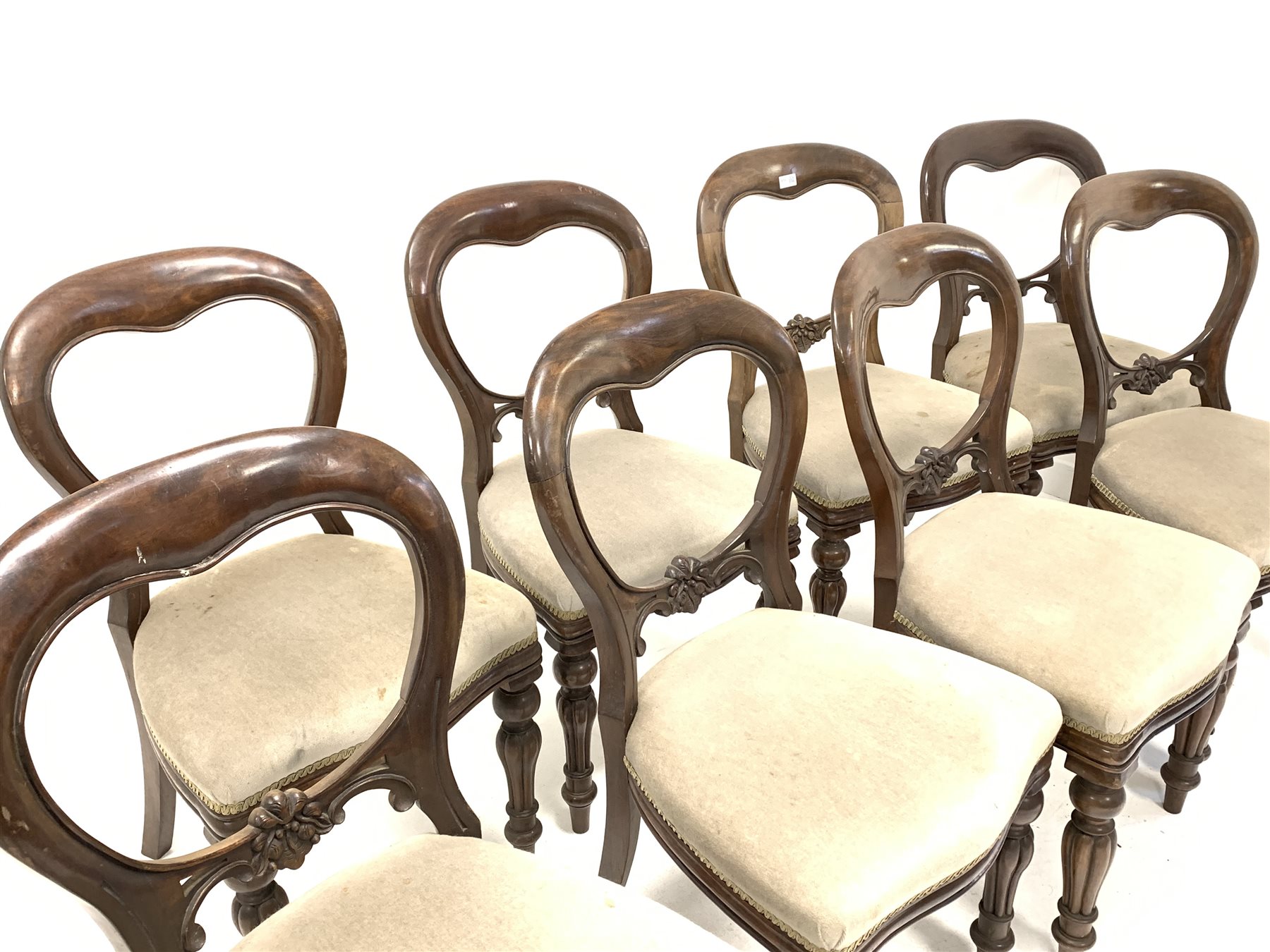 Set eight Victorian style balloon back dining chairs with floral carved rail over upholstered seat, - Image 2 of 2