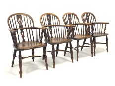 Set four early to mid 19th century elm and ash Windsor armchairs, having hoop, spindle and pierced s