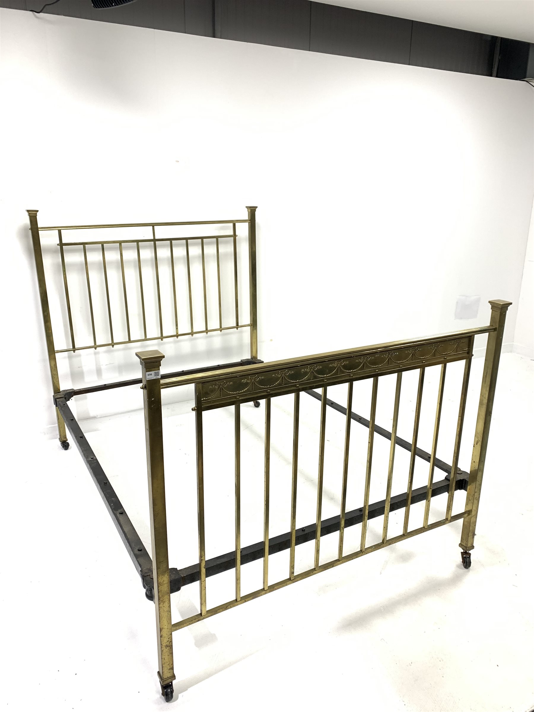 19th century brass 4'6" double bed, decorated with ribbon swags, with a later folding box base, - Image 3 of 3