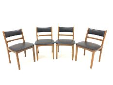 Set four mid 20th century beech dining chairs with black vinyl upholstered back and seats