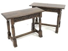 Pair 20th century oak joint stools, moulded rectangular tops over lunette carved frieze, turned out