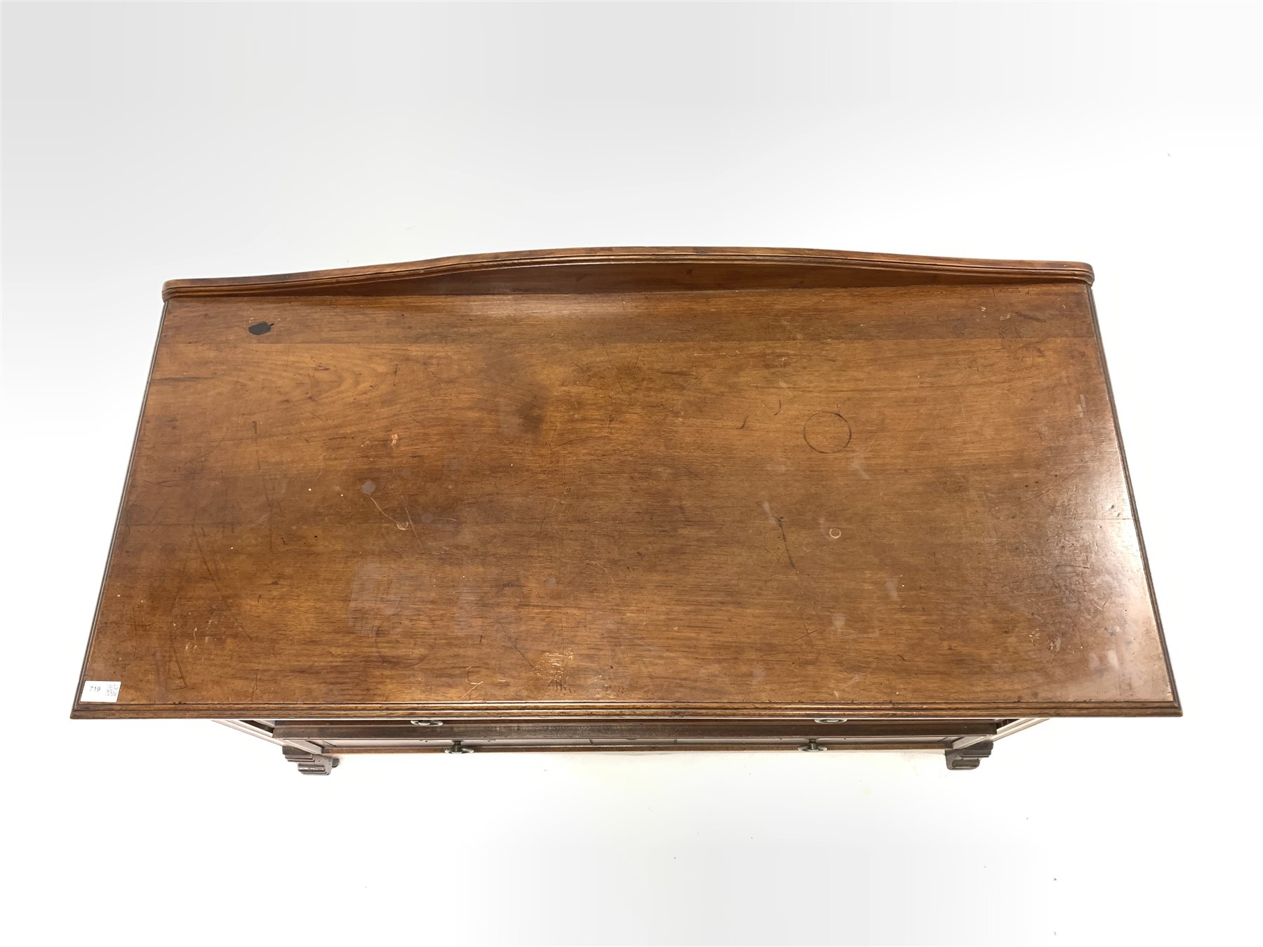 Edwardian walnut chest, with arched raised back and moulded top over three drawers carved with incis - Image 4 of 4