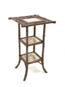 Victorian Aesthetic style bamboo occasional table, with three tiers each inset with a tile depicting